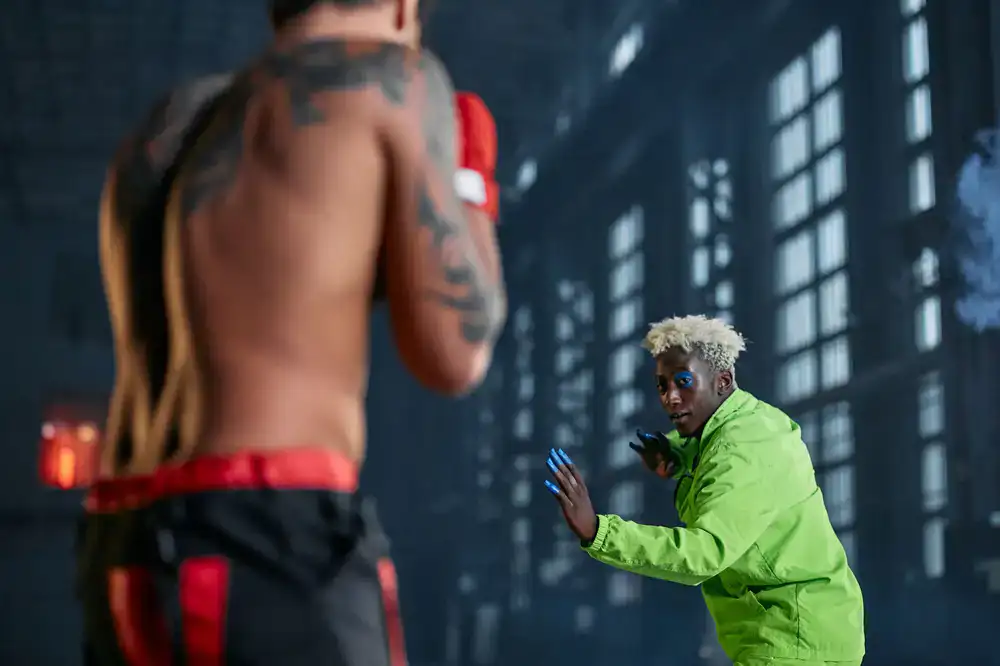 Fighting game character performing a combo move